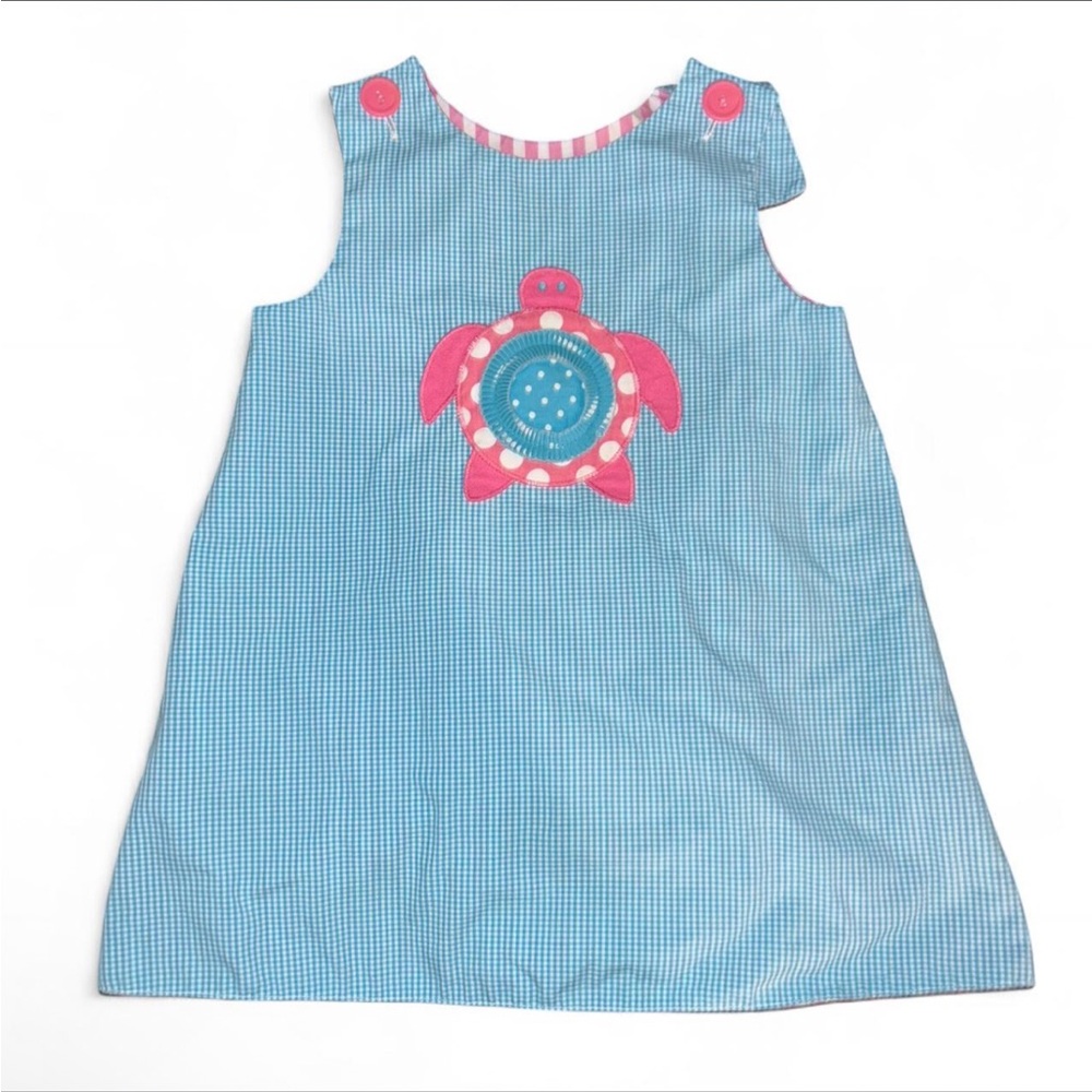 Reversible Blue Gingham Dress with turtle or with Pink Whale Design